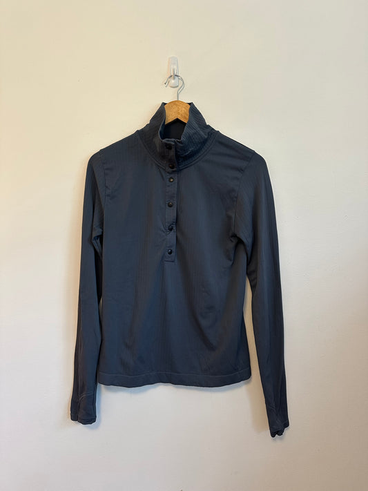 Athleta Charcoal Gray Ribbed Mock Neck Snap Button Long Sleeve Top