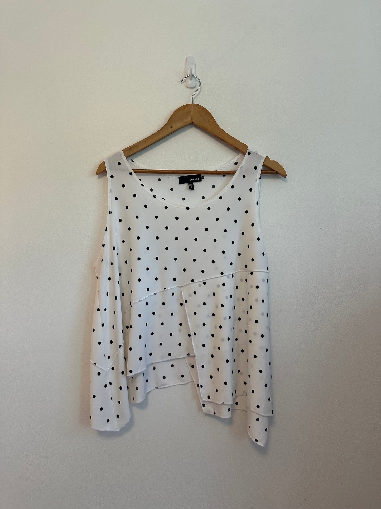 Sun Kim Black and White Polka Dot Asymmetrical Tank Top | Size Medium