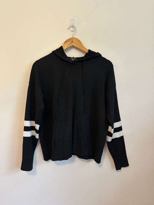 Vici Black Knit White Striped Sleeve Relaxed Fit Sweater Hoodie | Size Medium