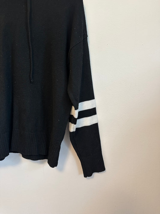 Vici Black Knit White Striped Sleeve Relaxed Fit Sweater Hoodie | Size Medium
