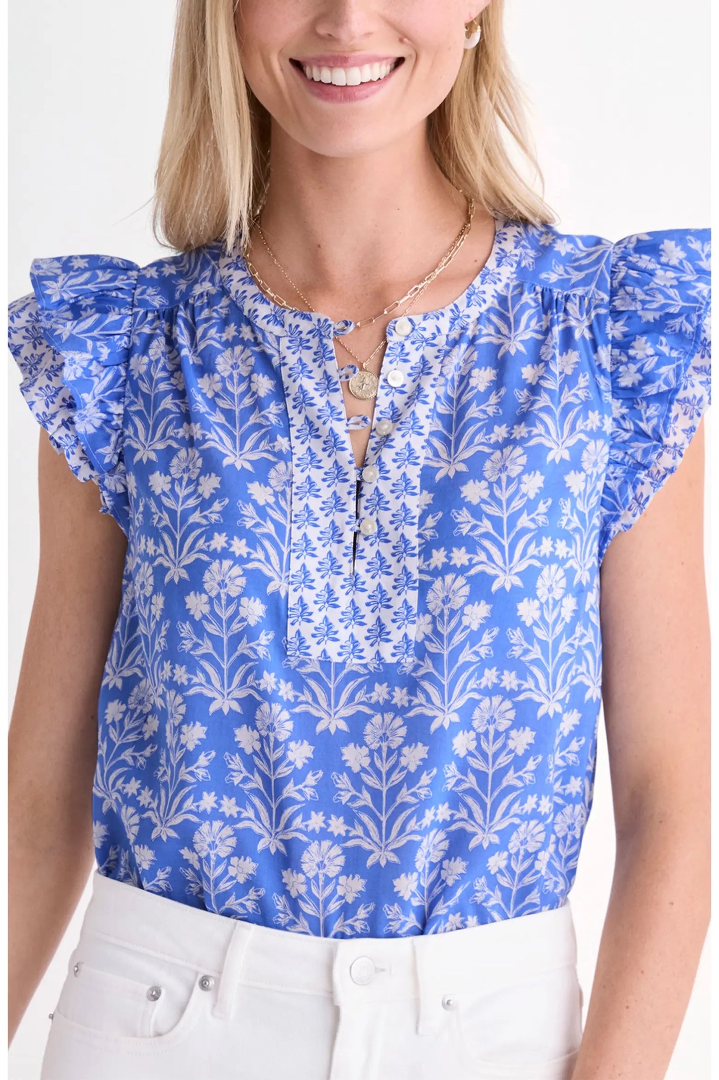 NWT Vineyard Vines Adare Cotton Blend Dobby Top in Blue Floral | Size Small