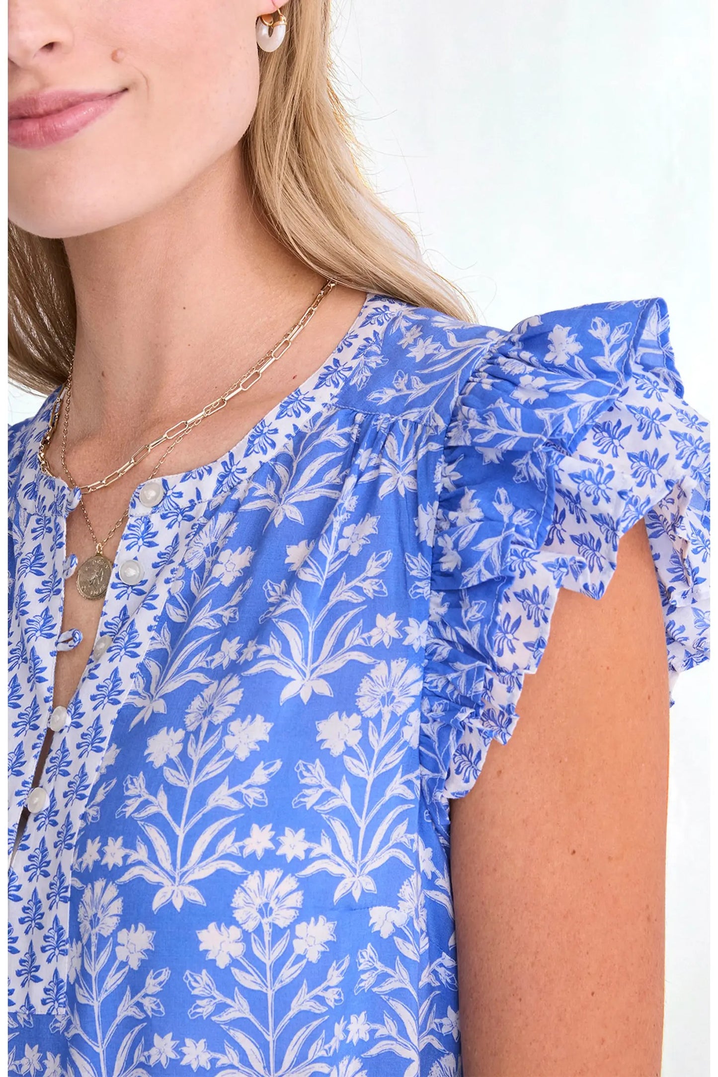 NWT Vineyard Vines Adare Cotton Blend Dobby Top in Blue Floral | Size Small