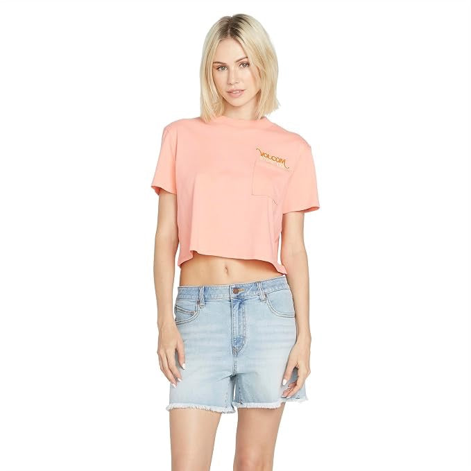 Volcom Pocket Dial Short Sleeve Cropped T-Shirt in Peach | Size Large