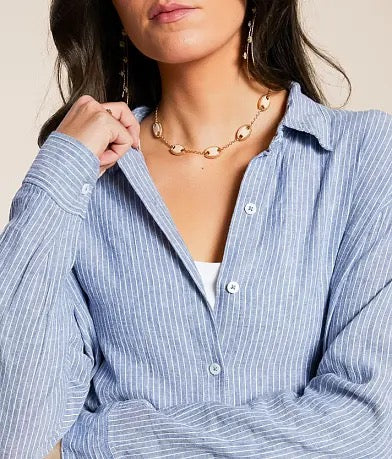 Z Supply Melody Striped Button Down Shirt in Blue and White Cotton | Size Small