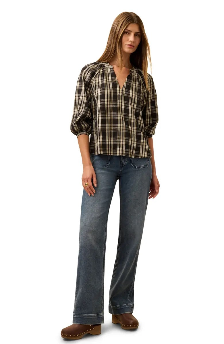 NWT Faherty Portia Black and White Popover Blouse | Size Medium
