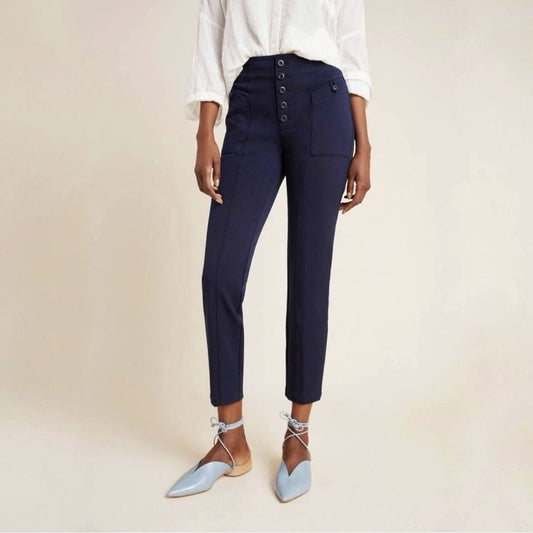 Anthropologie Bryson Button Front High Rise Tapered Leg Pants in Navy Blue | Size 8