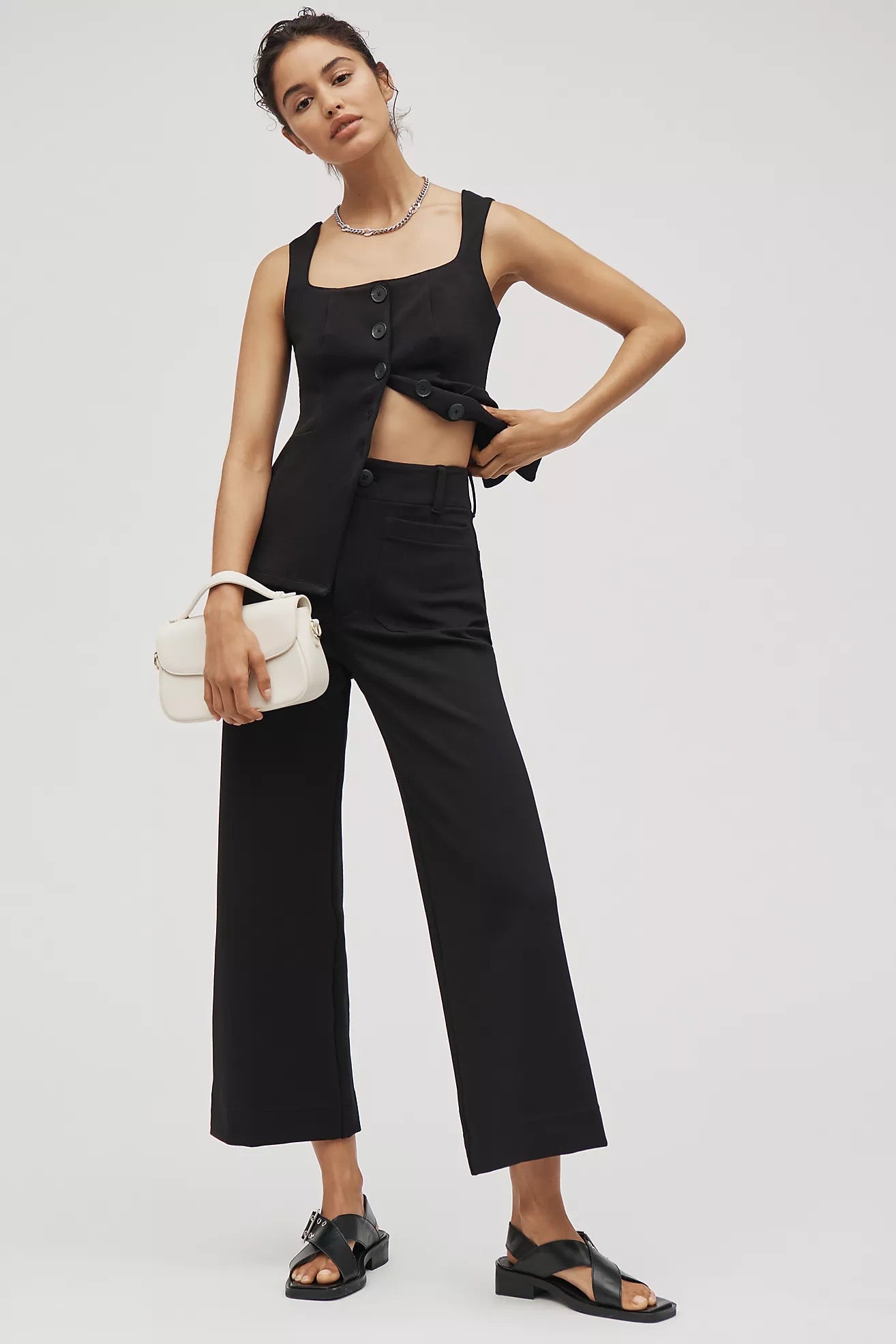 Maeve Colette Knit High-Rise Wide-Leg Cropped Pants in Black | Size 28