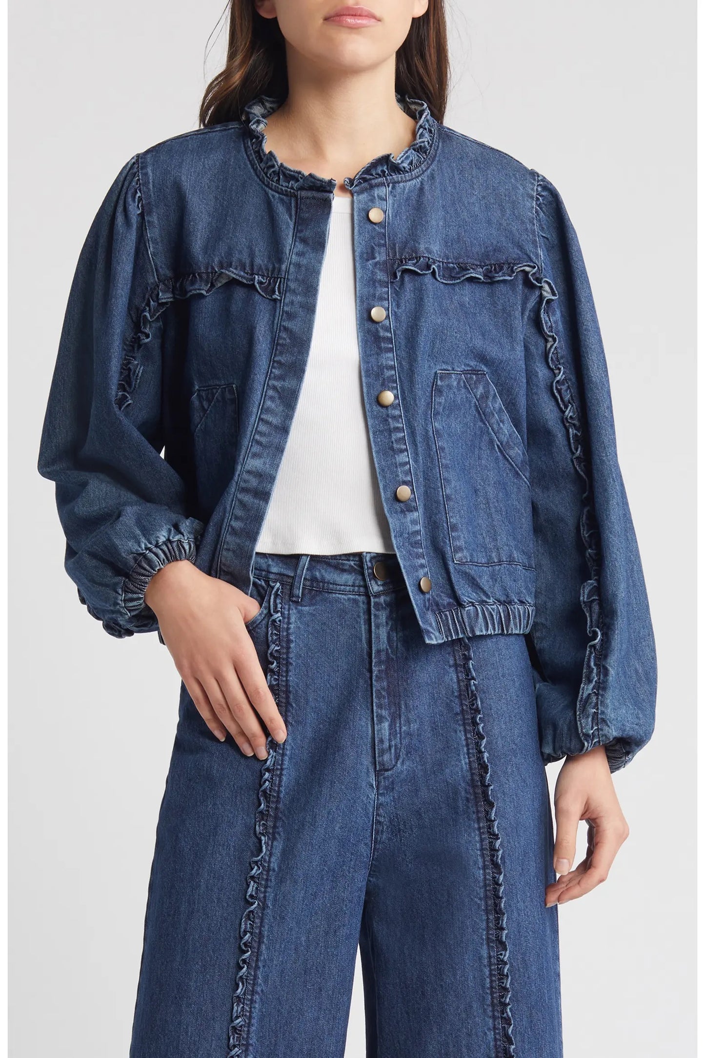 Cleobella Paxton Ruffle Cotton Denim Jacket | Size Medium