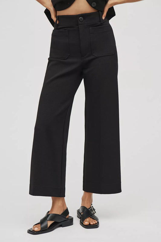 Maeve Colette Knit High-Rise Wide-Leg Cropped Pants in Black | Size 28