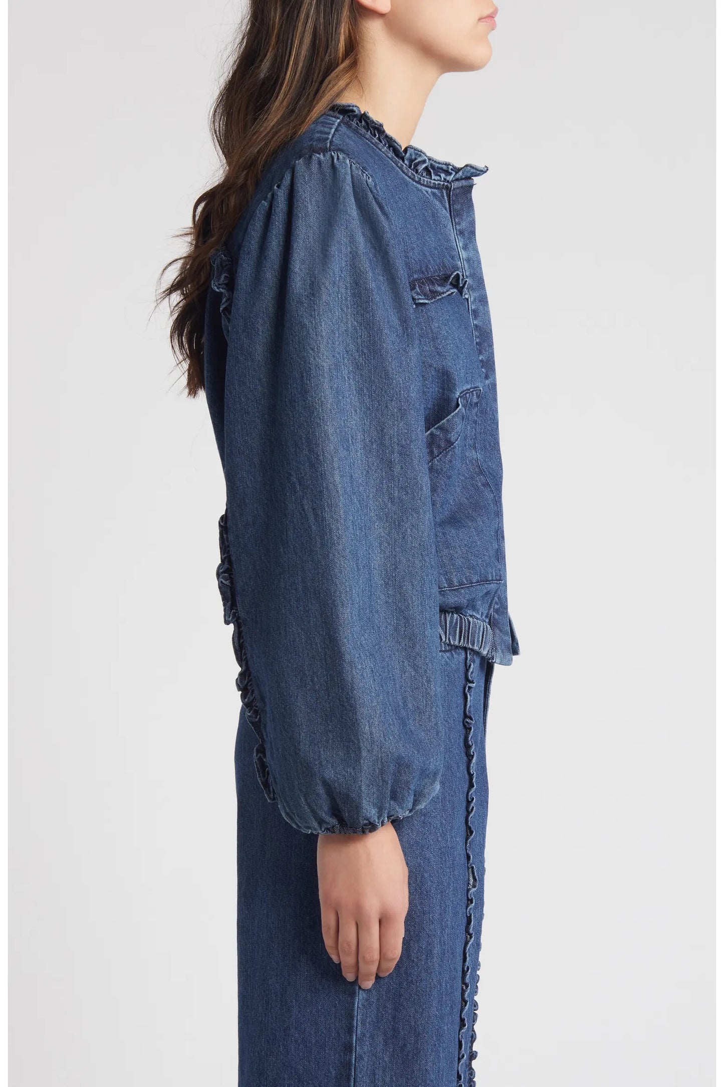 Cleobella Paxton Ruffle Cotton Denim Jacket | Size Medium