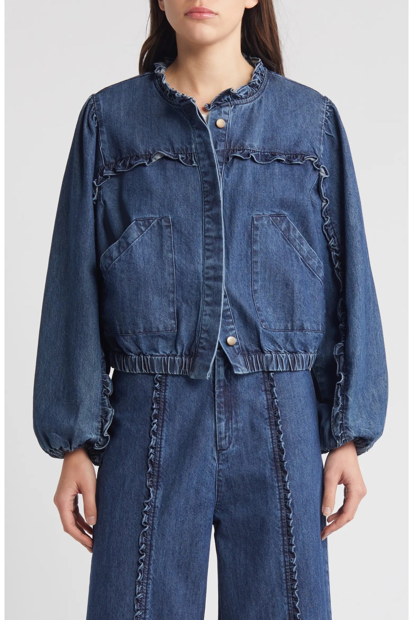 Cleobella Paxton Ruffle Cotton Denim Jacket | Size Medium