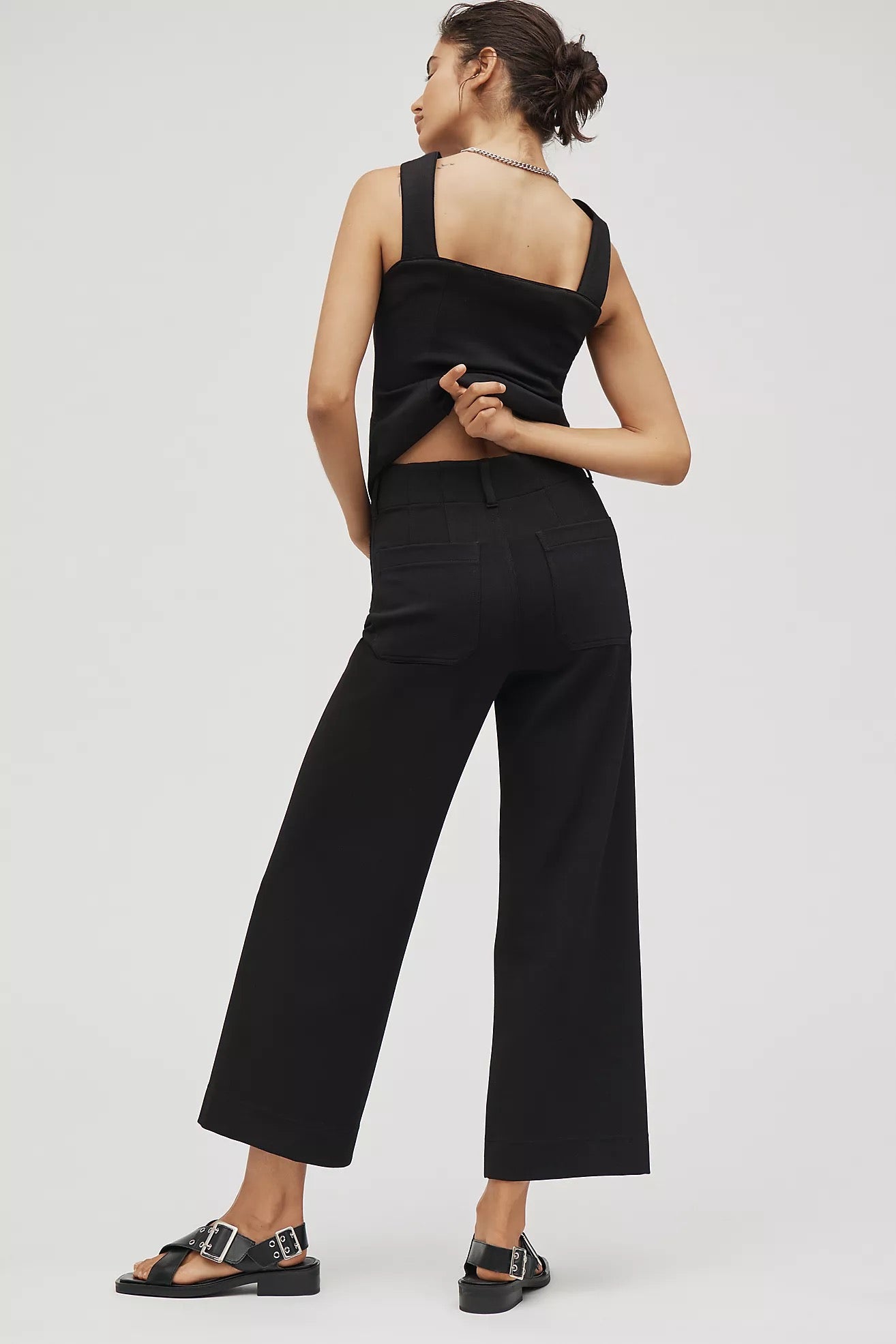 Maeve Colette Knit High-Rise Wide-Leg Cropped Pants in Black | Size 28