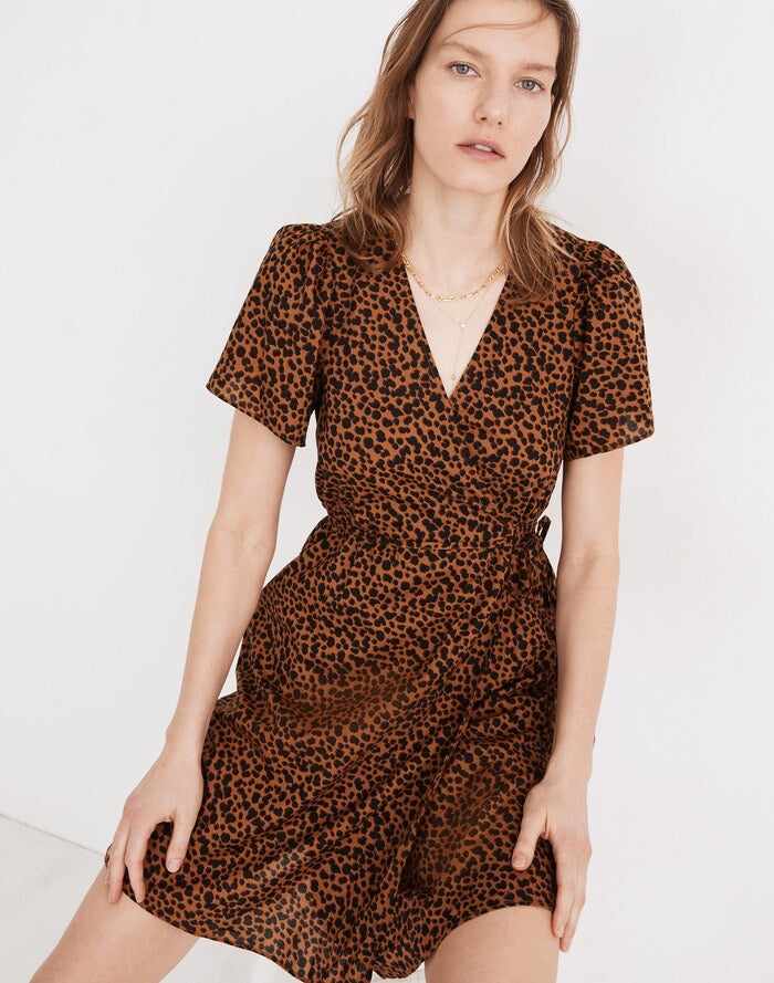 Madewell Flutter-Sleeve Wrap Mini Dress in Painted Leopard | Size Small