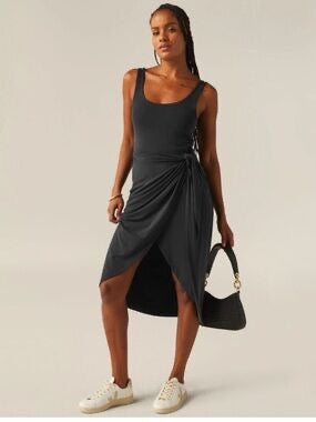 Black  Sleeveless Scoop Neck Midi Side Tie Wrap Dress