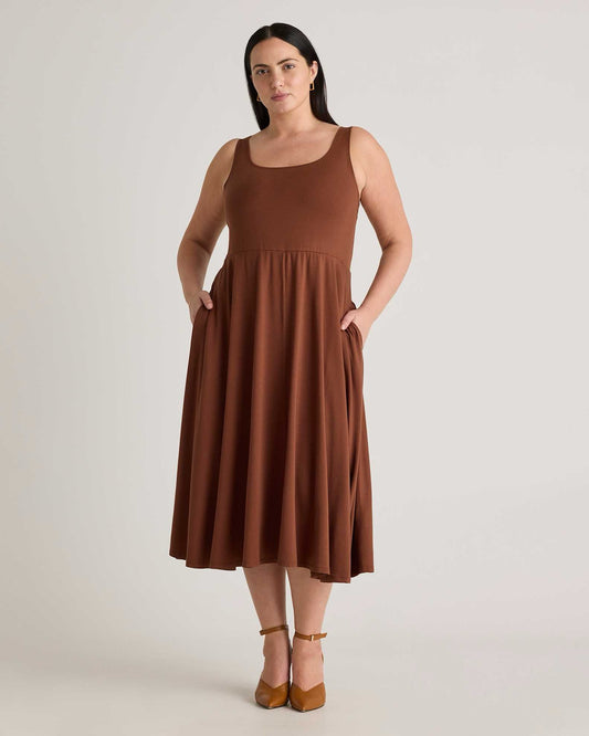 Quince Brown Tencel Jersey Fit and Flare Midi Dress with Pockets | Size Large