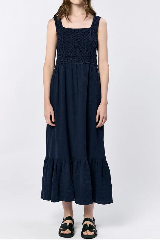 NWT Dear John Navy Blue Cotton Crochet and Gauze Chasity Maxi Dress | Size Large