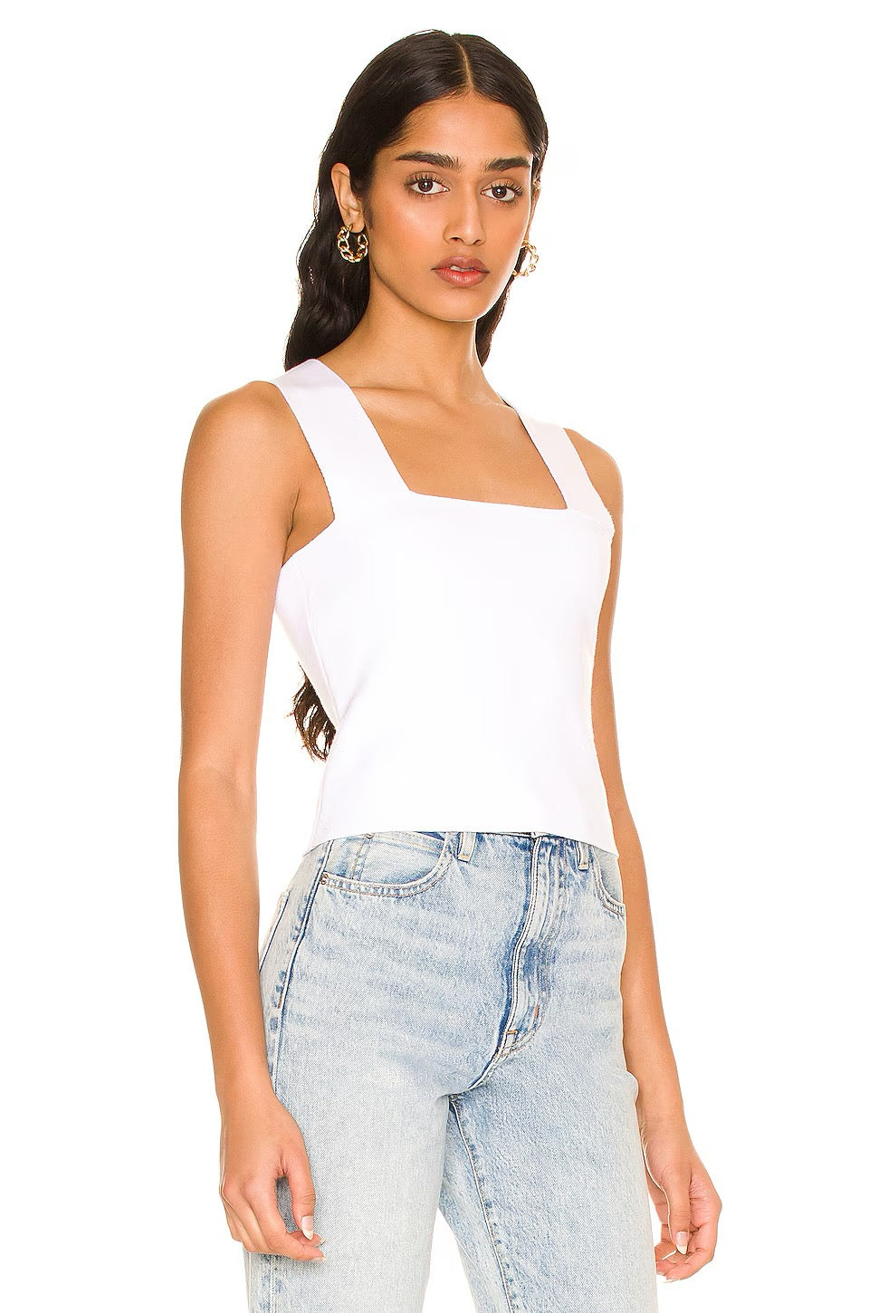 525 America Wide Strap Square Neck Knit Tank Top in Bleach White | Size Medium
