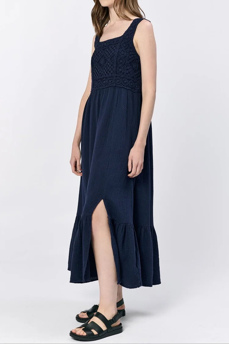 NWT Dear John Navy Blue Cotton Crochet and Gauze Chasity Maxi Dress | Size Large