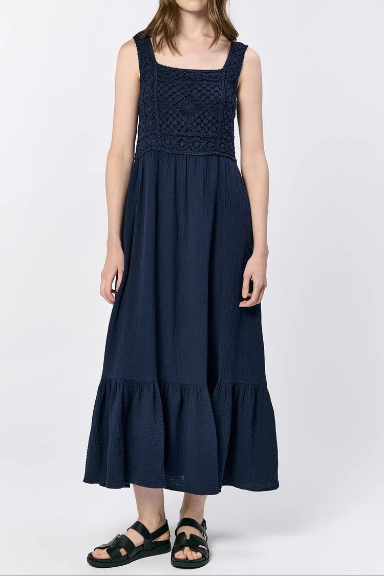 NWT Dear John Navy Blue Cotton Crochet and Gauze Chasity Maxi Dress | Size Large