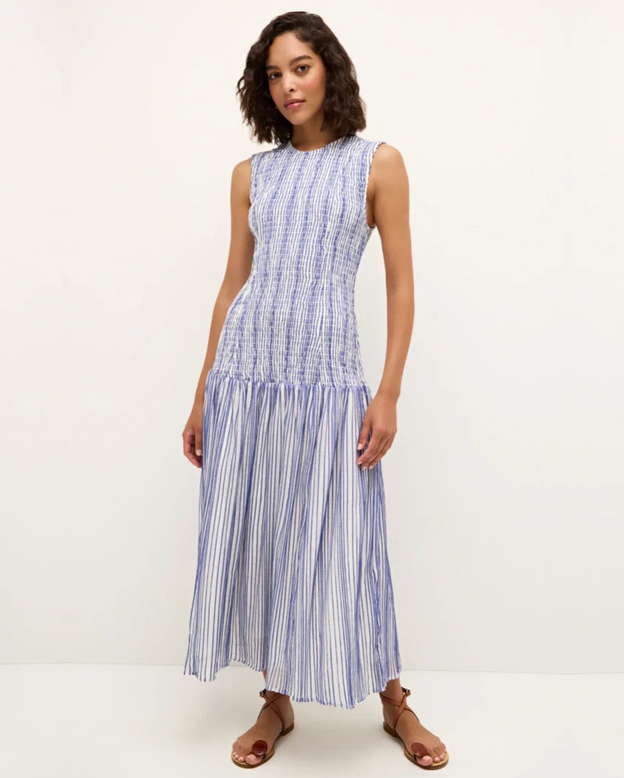 NWT Marie Oliver Smocked Drop Waist Porter Dress in Blue and White | Size Large