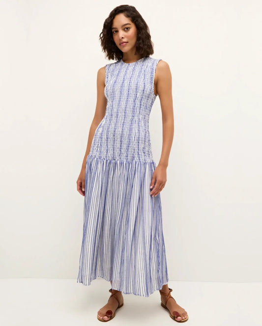 NWT Marie Oliver Smocked Drop Waist Porter Dress in Blue and White | Size Large