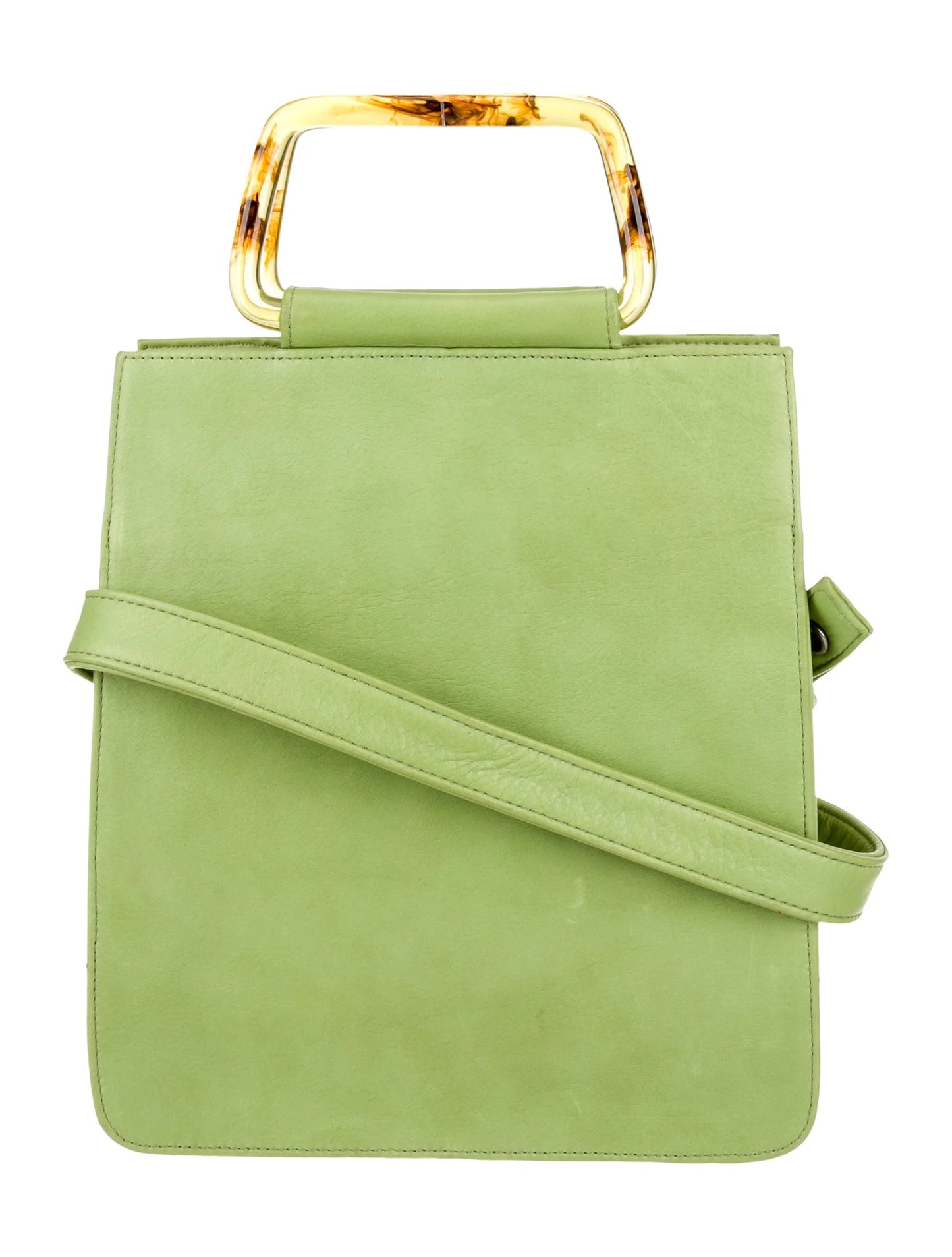 Clyde Rectangle Tortoiseshell Resin Handle Shoulder Bag in Chartreuse Leather