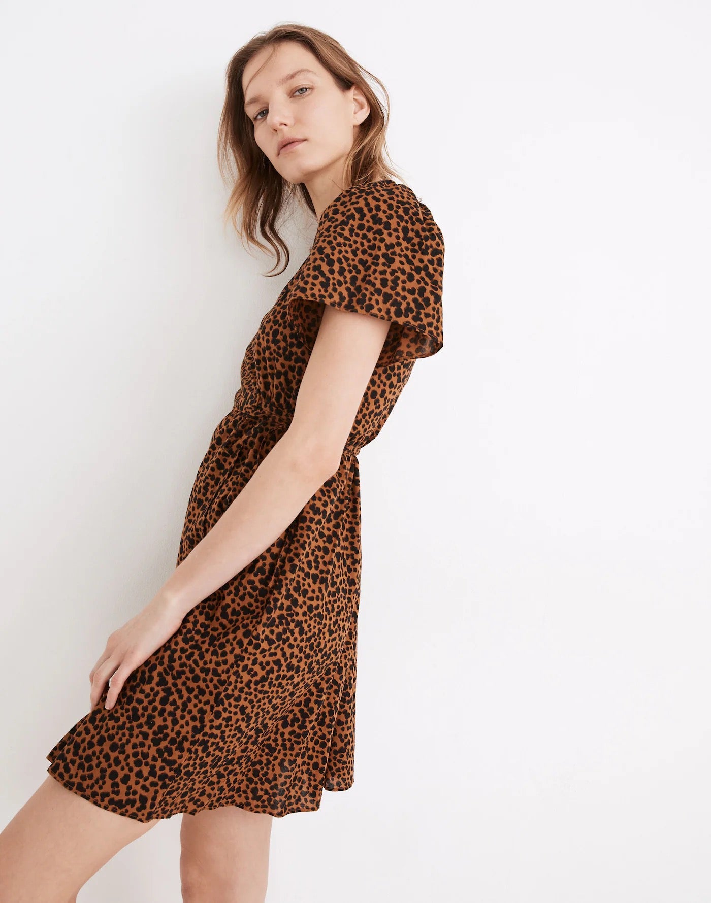 Madewell Flutter-Sleeve Wrap Mini Dress in Painted Leopard | Size Small