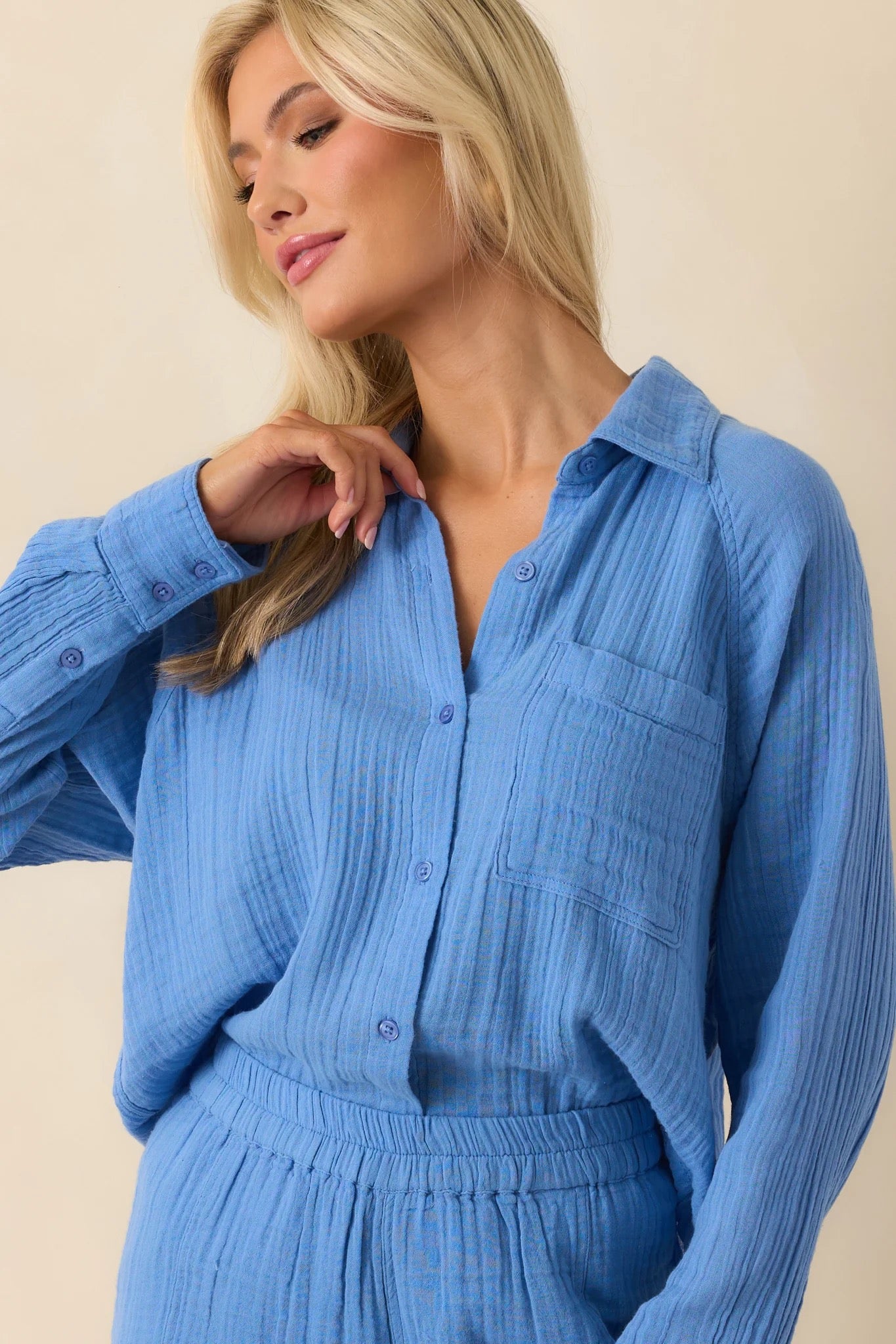 Z Supply Perfect Airy Cotton Gauze Button-Up Top in Blue | Size Large