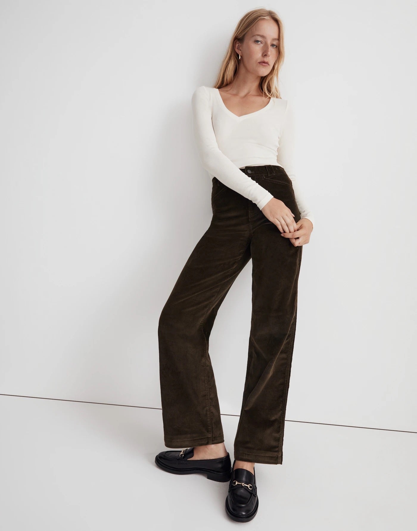 Madewell The Emmett Wide Leg Corduroy Jeans in Olive Green | Size 25