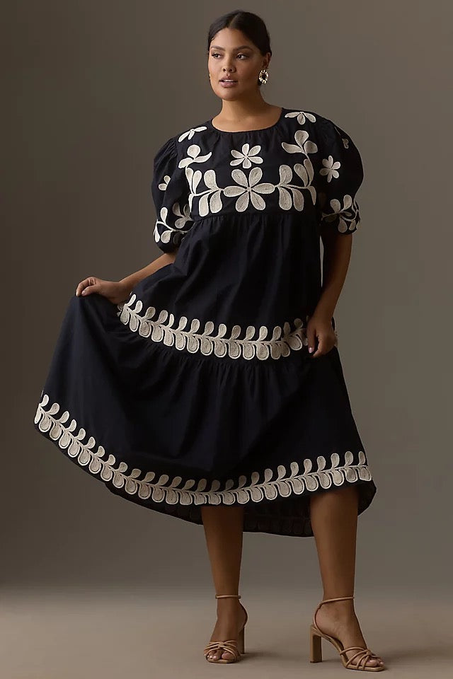 By Anthropologie Embroidered Puff-Sleeve Midi Dress | Size XL