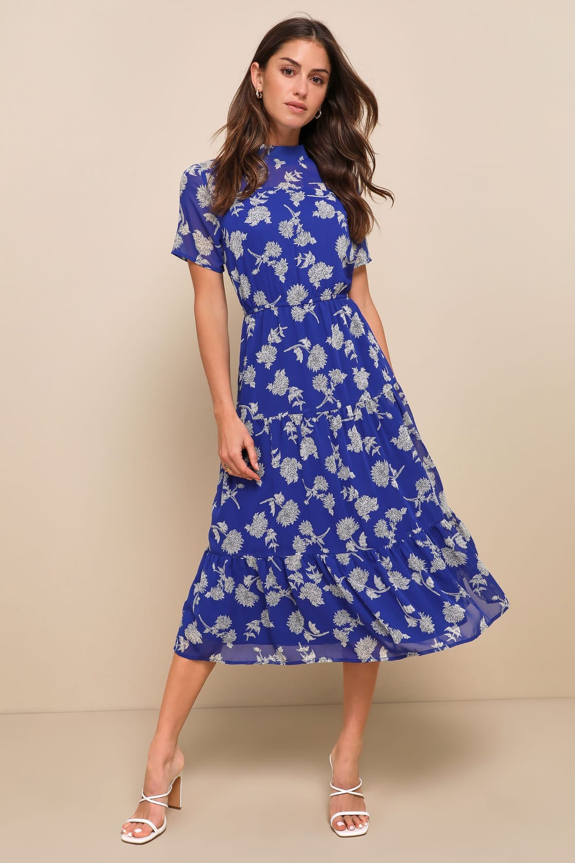 Lulus Royal Blue Floral Short Sleeve Chiffon Midi Dress | Size XL
