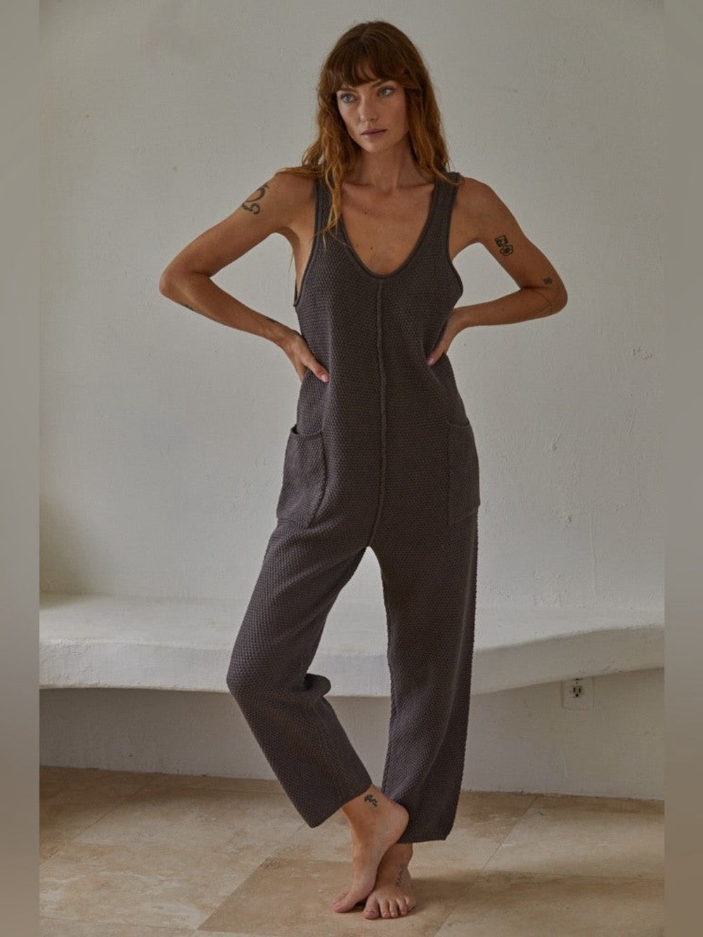 Free People x FP Beach Hailee Cotton Knit Jumpsuit in Charcoal Grey | Size Medium