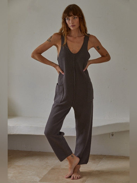 Free People x FP Beach Hailee Cotton Knit Jumpsuit in Charcoal Grey | Size Medium