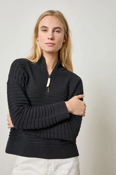 Lilla P Pointelle Half Zip Cotton Blend Sweater | Size Medium