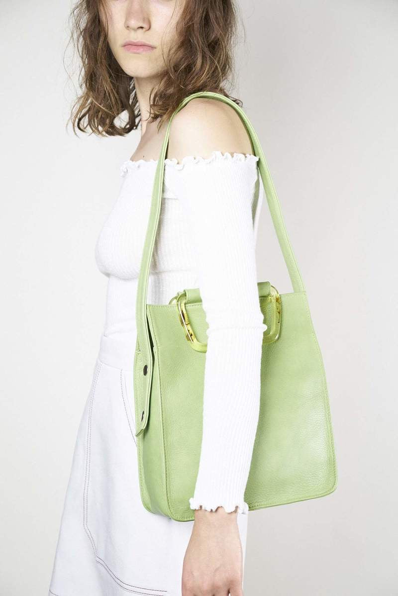 Clyde Rectangle Tortoiseshell Resin Handle Shoulder Bag in Chartreuse Leather