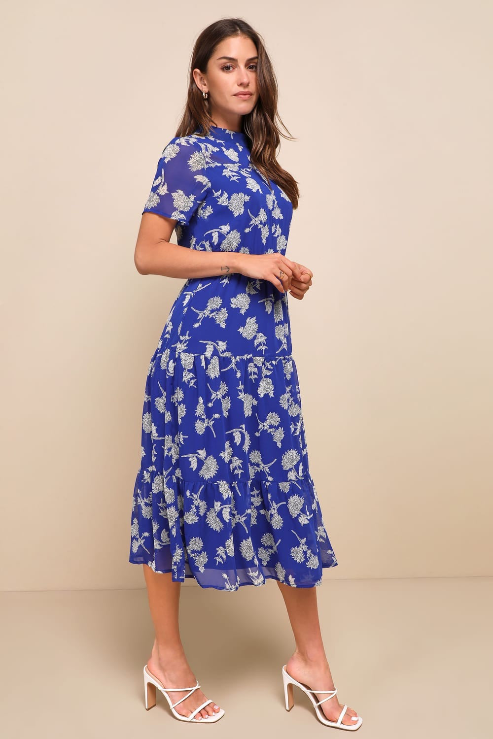 Lulus Royal Blue Floral Short Sleeve Chiffon Midi Dress | Size XL