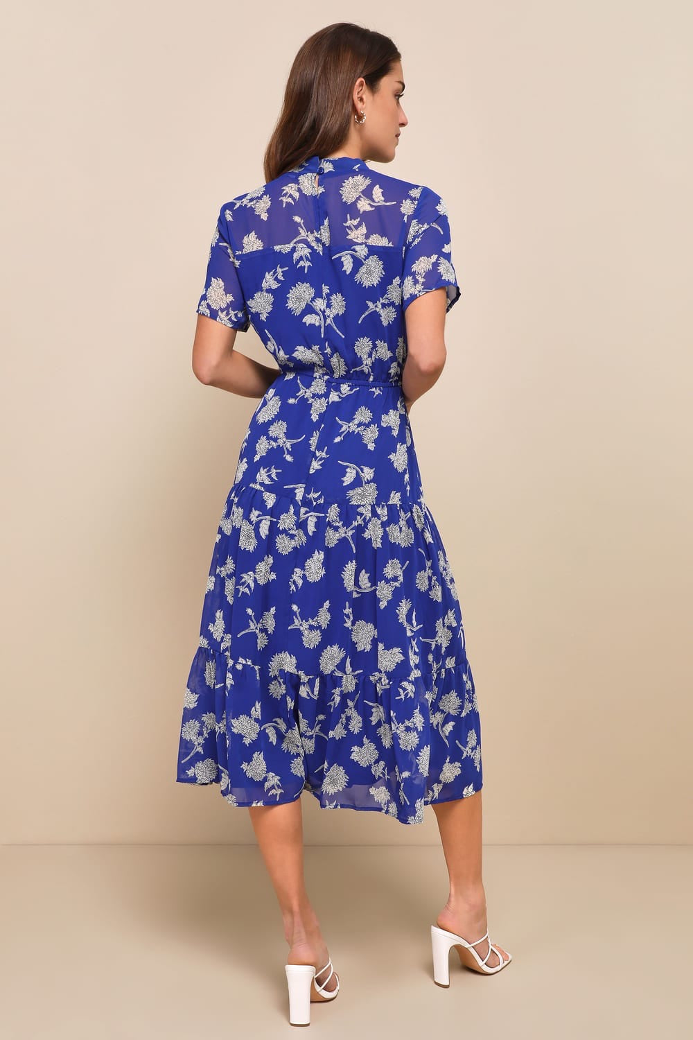 Lulus Royal Blue Floral Short Sleeve Chiffon Midi Dress | Size XL