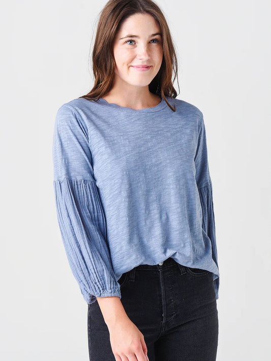 Dylan Cotton Slub T-Shirt with Gauze Balloon Sleeves in Blue | Size Small