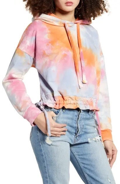 BLANKNYC Sweet Spot Rainbow Tie-Dyed Cropped Hooded Sweatshirt | Size XS