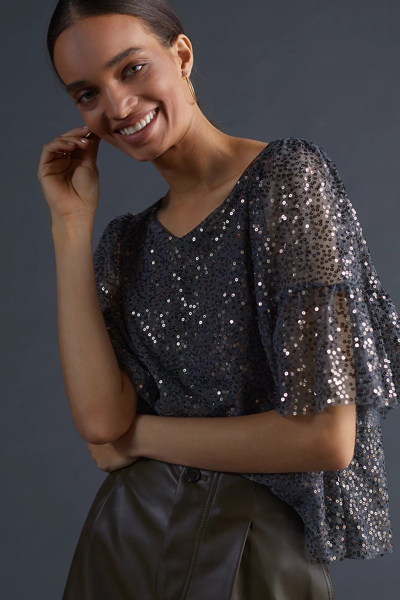 Anthropologie Maeve Sequined Flutter Sleeve Blouse in Charcoal Gray | Size Small