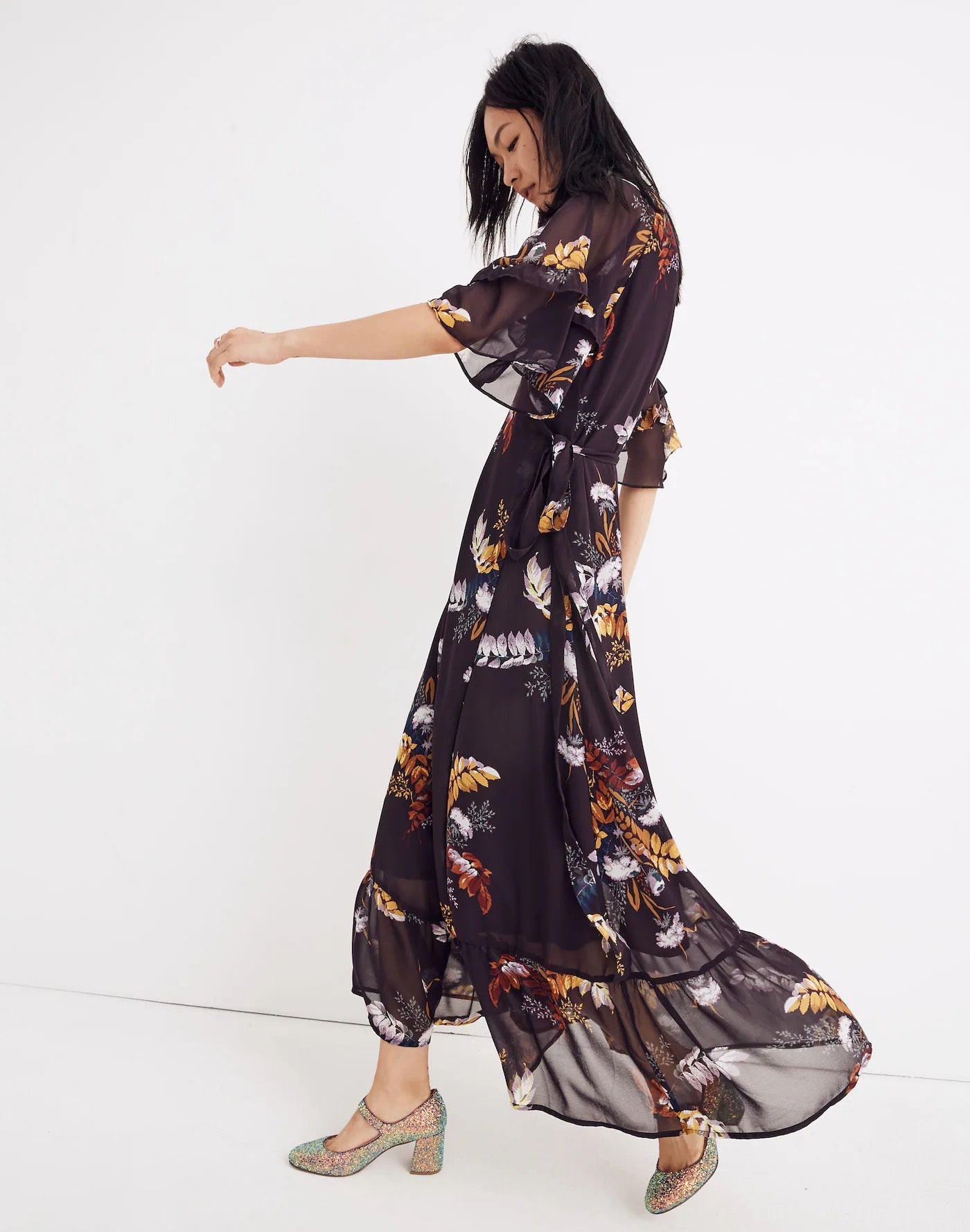 Madewell Vervain Ruffle-Sleeve Wrap Dress in Blooming Oasis in Dark Eggplant