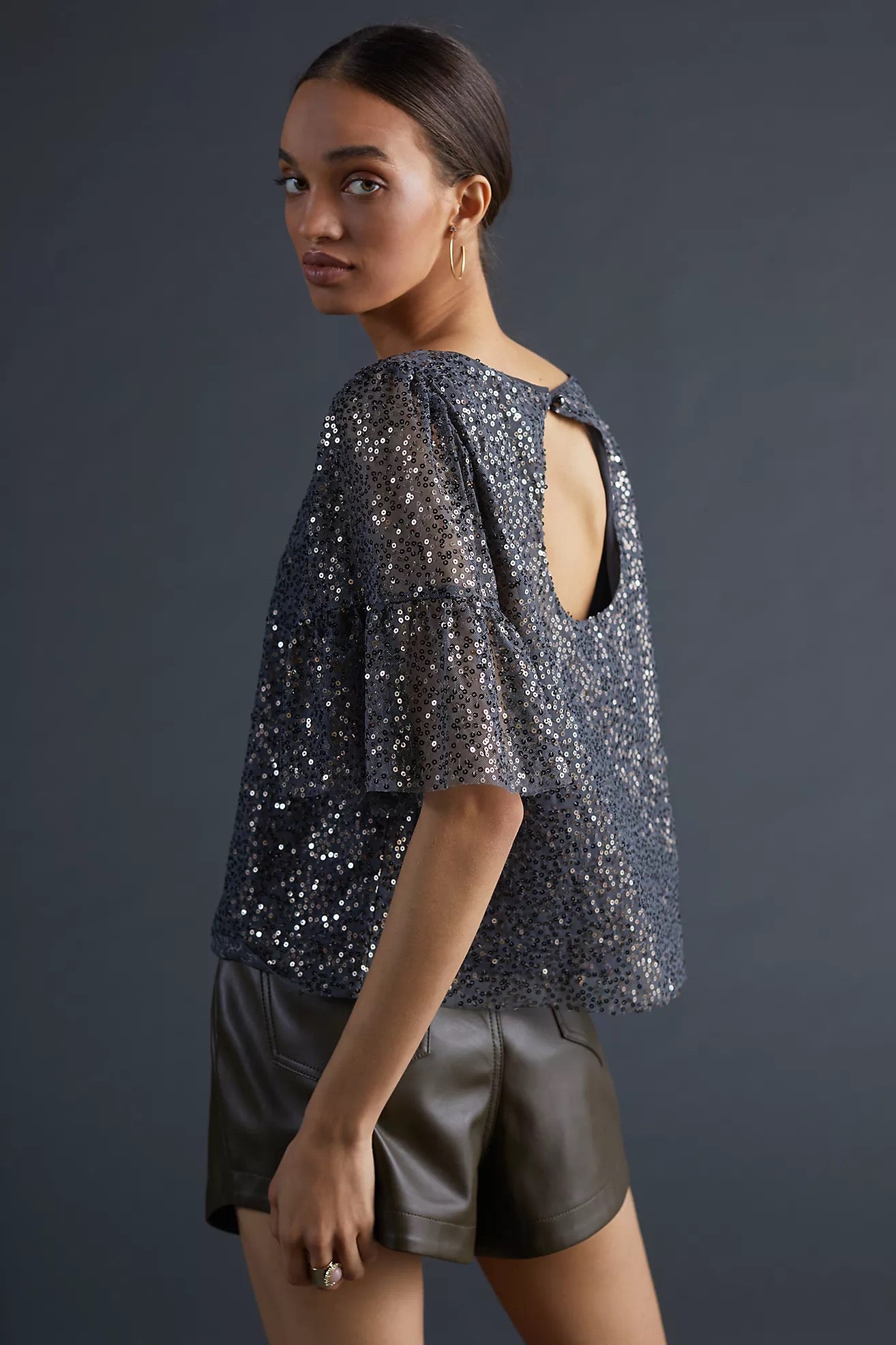 Anthropologie Maeve Sequined Flutter Sleeve Blouse in Charcoal Gray | Size Small