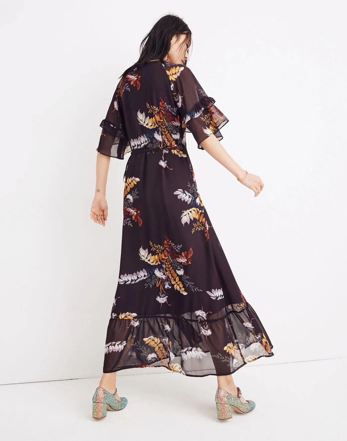 Madewell Vervain Ruffle-Sleeve Wrap Dress in Blooming Oasis in Dark Eggplant
