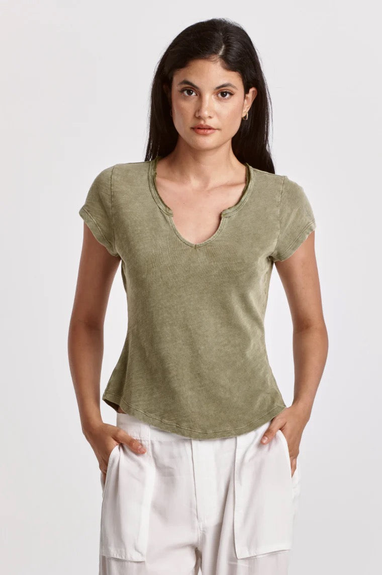 Dear John Anaya Notch Neck Slub Short Sleeve T-Shirt in Olive Green | Size Small