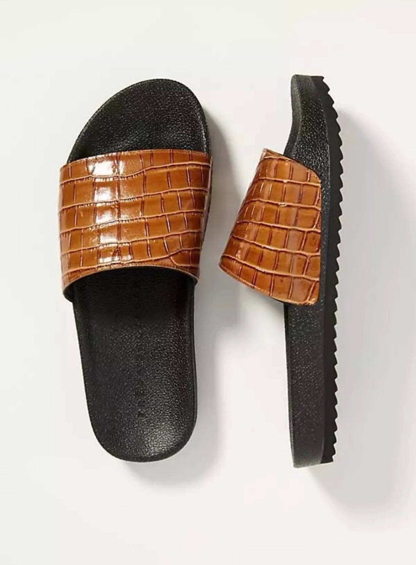 Freda Salvador Lea Cognac Brown Croc Embossed Leather Slide Sandals | Size 9