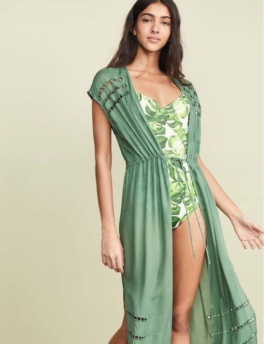 Vix Paula Hermanny Pamela Tie-Front Crochet-Trimmed Voile Kaftan in Green | XS