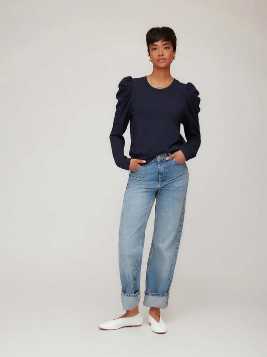 NWT Fifteen Twenty Navy Blue Puff Sleeve Long Sleeve Top | Size Small
