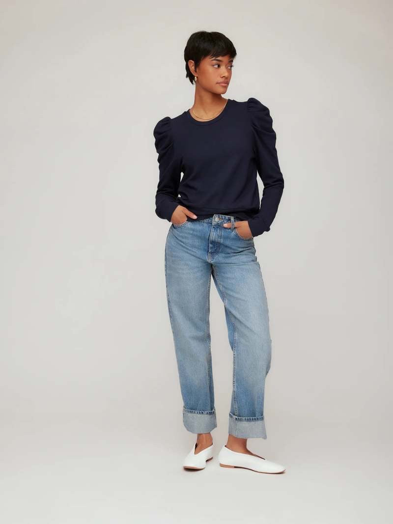 NWT Fifteen Twenty Navy Blue Puff Sleeve Long Sleeve Top | Size Small