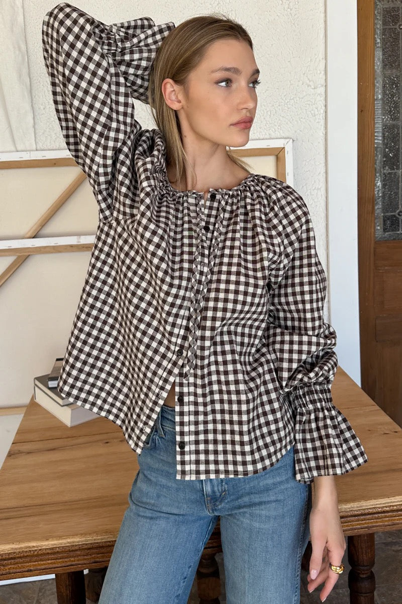 NWT Emerson Fry Belle Blouse in Cocoa Gingham | Size Medium