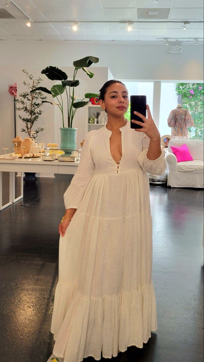 NWT CJ Laing Ingrid Tiered Cotton Maxi Dress in Bone White | Size Large